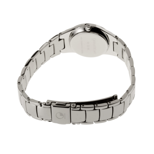 Montre dame, boîte acier, cristaux de synthèse, bracelet acier et verre minéral