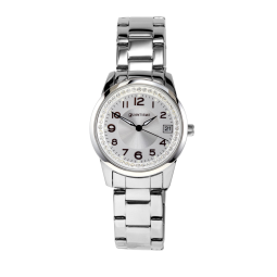 Montre dame, boite et bracelet en acier, cristaux de synthèse et verre minéral