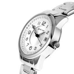 Montre dame, boite et bracelet en acier, cristaux de synthèse et verre minéral