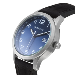 Montre, boîte acier et bracelet cuir, verre minéral, boys