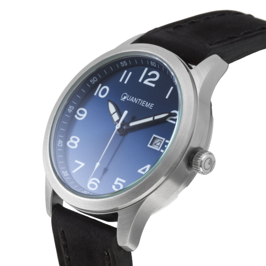 Montre, boîte acier et bracelet cuir, verre minéral, boys