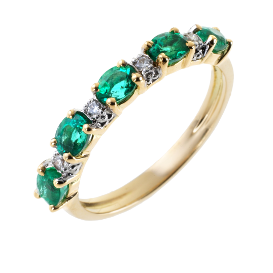 Demi alliance en or jaune et rhodié, émeraudes et diamants