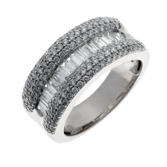 Bague en or gris, diamants baguettes et ronds