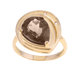 Bague en or jaune quartz fumé diamants