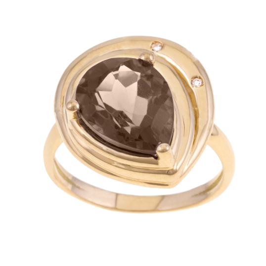Bague en or jaune quartz fumé diamants