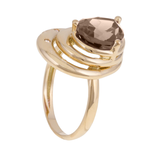 Bague en or jaune quartz fumé diamants