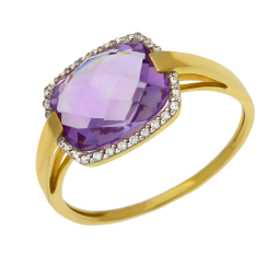 Bague en or jaune rhodié, améthyste et diamants