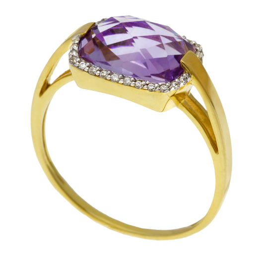 Bague en or jaune rhodié, améthyste et diamants