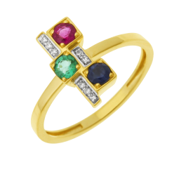 Bague en or jaune rhodié, saphir, rubis, émeraude et diamants