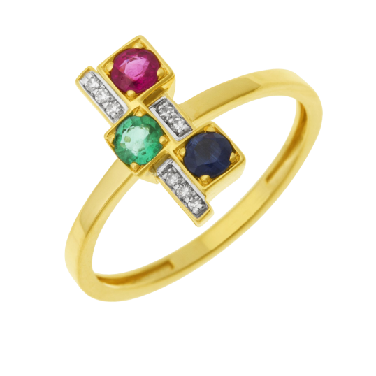 Bague en or jaune rhodié, saphir, rubis, émeraude et diamants