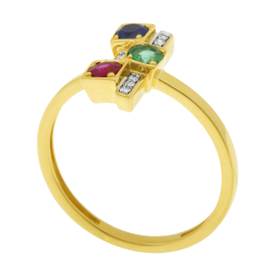 Bague en or jaune rhodié, saphir, rubis, émeraude et diamants