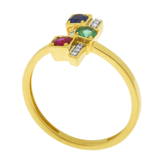 Bague en or jaune rhodié, saphir, rubis, émeraude et diamants