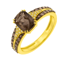 Bague en or jaune rhodié, quartz fumé, diamants blancs et diamants bruns