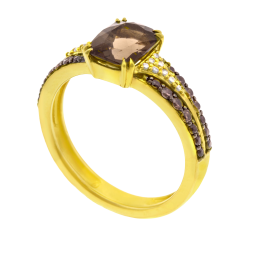 Bague en or jaune rhodié, quartz fumé, diamants blancs et diamants bruns
