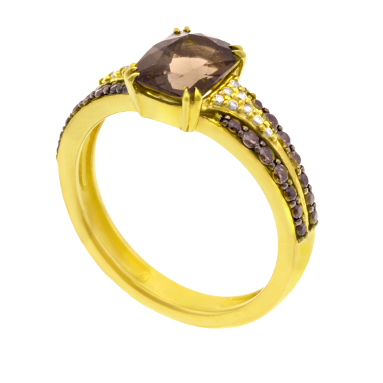Bague en or jaune rhodié, quartz fumé, diamants blancs et diamants bruns