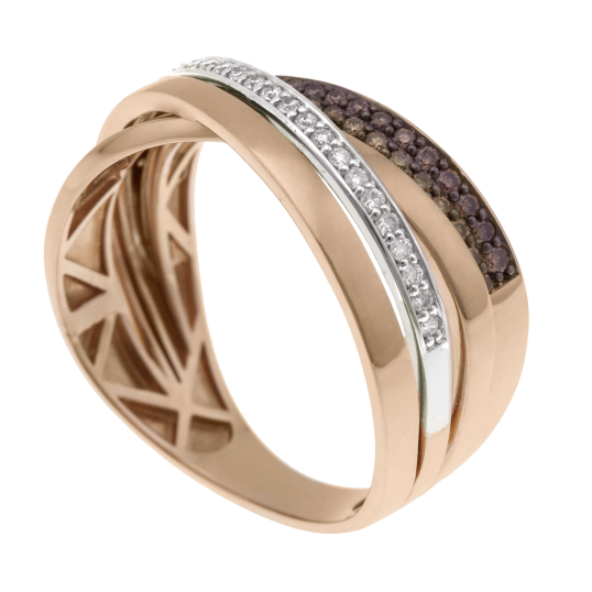 Bague en 2 ors rhodié,  diamants bruns et blancs