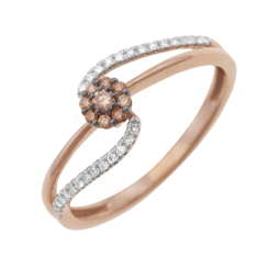 Bague en or rose rhodié, diamants blancs et bruns