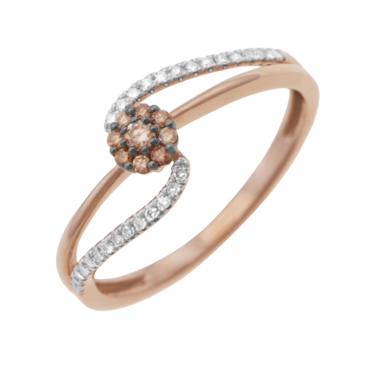 Bague en or rose rhodié, diamants blancs et bruns