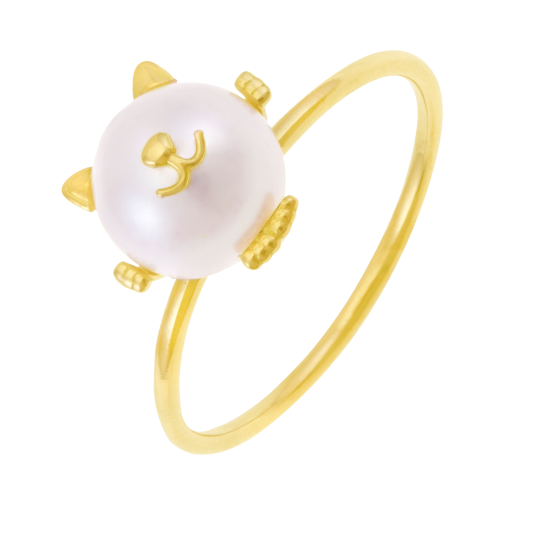 Bague en or jaune et perle de culture, chat