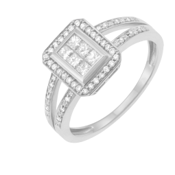 Bague en or gris, diamants ronds et princesse