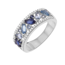 Bague en or gris, diamants, saphirs et aigues marines