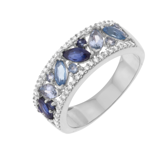 Bague en or gris, diamants, saphirs et aigues marines