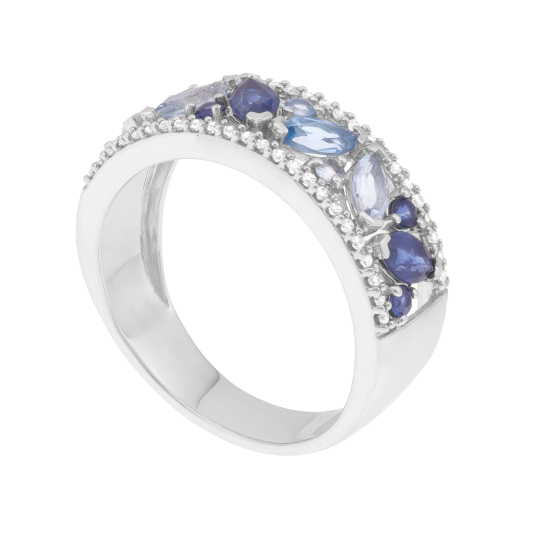 Bague en or gris, diamants, saphirs et aigues marines