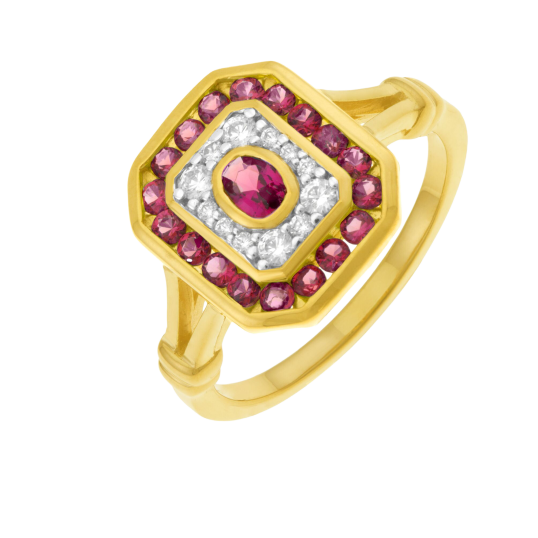 Bague en or jaune, rubis et diamants