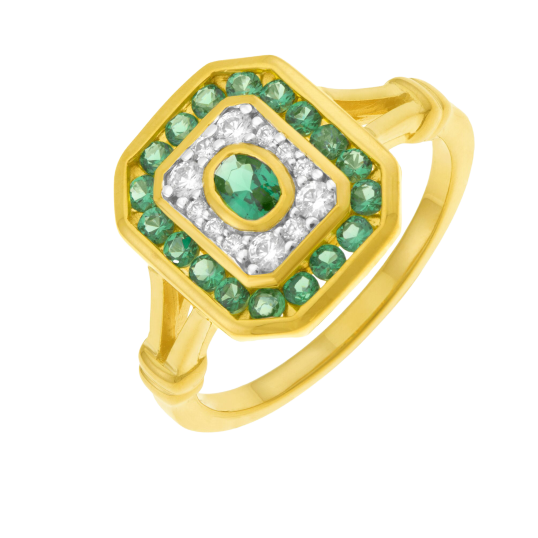 Bague en or jaune, émeraudes et diamants