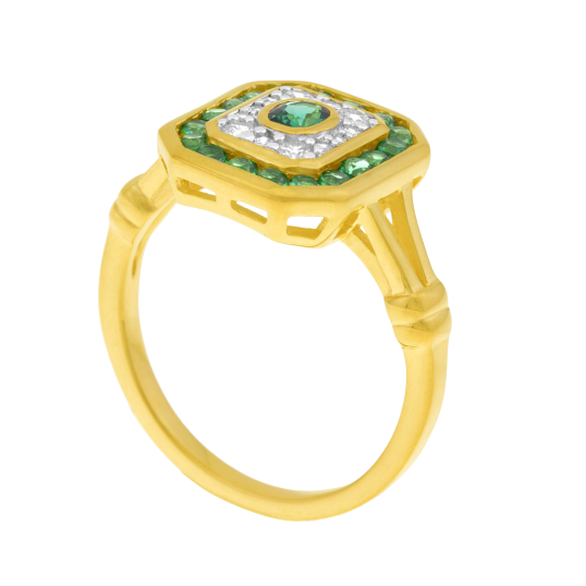 Bague en or jaune, émeraudes et diamants