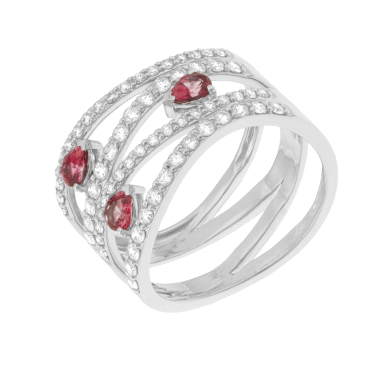 Bague en or gris, rubis et diamants