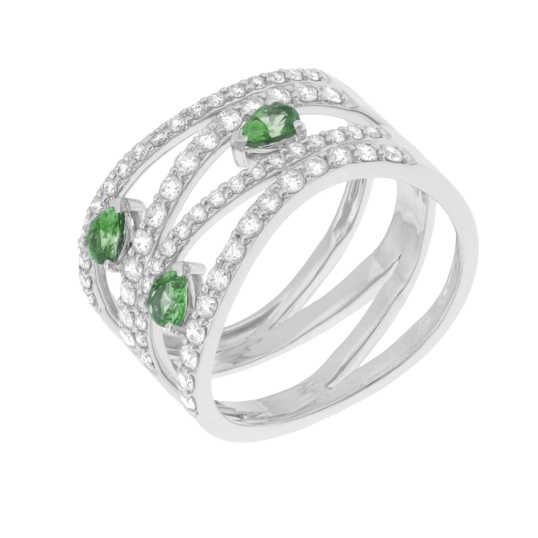 Bague en or gris, émeraudes et diamants