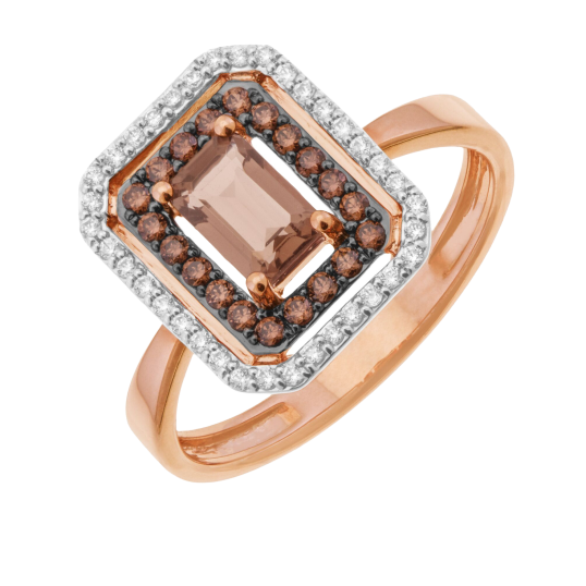 Bague en or rose et rhodié, quartz fumé, diamants bruns et diamants blancs