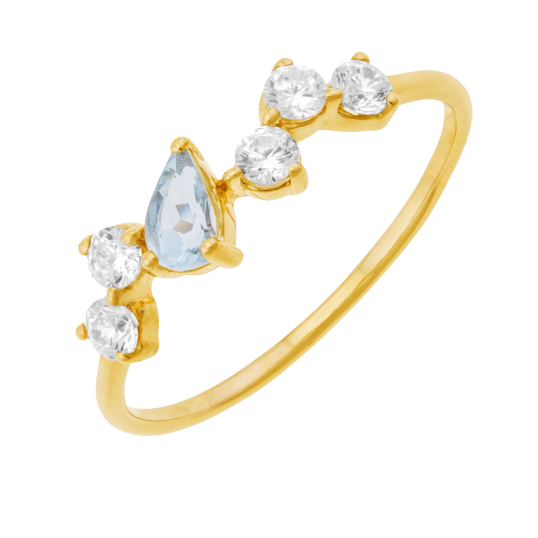 Bague en or jaune, aigue marine et oxydes de zirconium