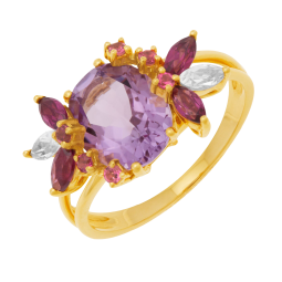 Bague en or jaune, améthyste, rhodolites, tourmalines et topazes