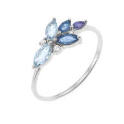 Bague en or gris, aigues-marines, saphirs, cordiérite et diamants