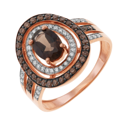 Bague en or rose, quartz fumé, diamants bruns et diamants blancs