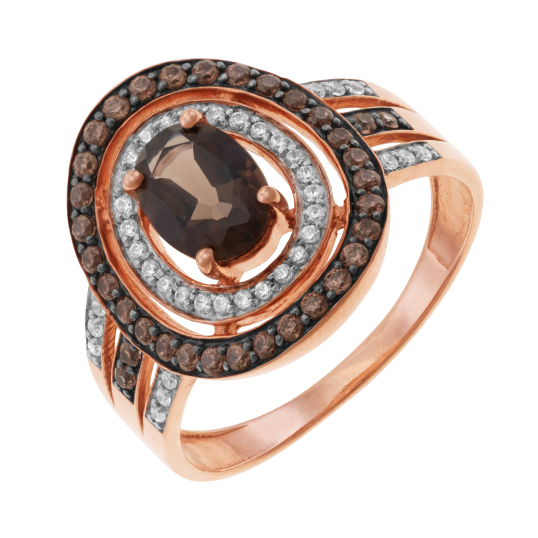 Bague en or rose, quartz fumé, diamants bruns et diamants blancs