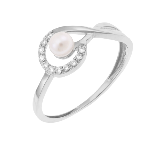 Bague en or gris, perle de culture et oxydes de zirconium