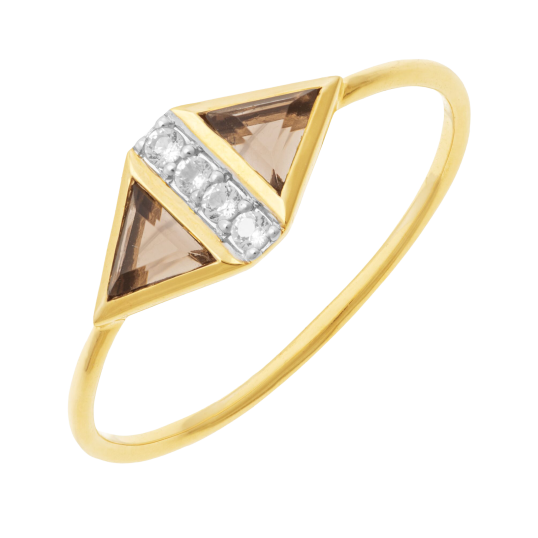 Bague en or jaune et rhodié, oxydes de zirconium et quartz fumés