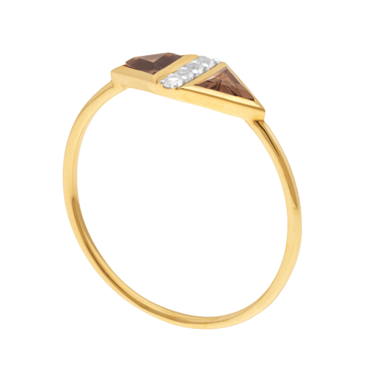 Bague en or jaune et rhodié, oxydes de zirconium et quartz fumés