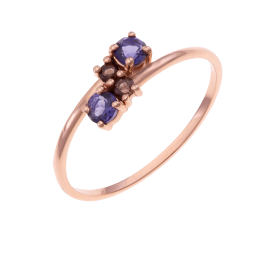 Bague en or rose, cordiérites et quartz fumés