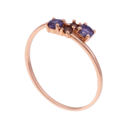 Bague en or rose, cordiérites et quartz fumés