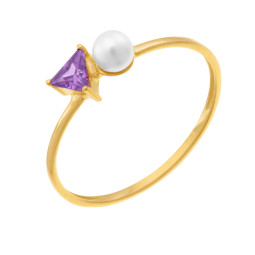 Bague en or jaune, oxyde de zirconium et perle de culture