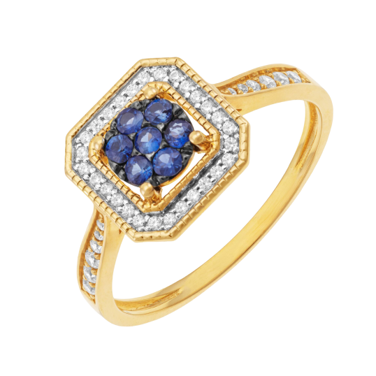 Bague en or jaune et rhodié, saphirs et oxydes de zirconium
