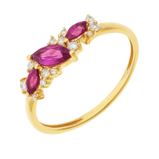 Bague en or jaune, rhodolites et oxydes de zirconium