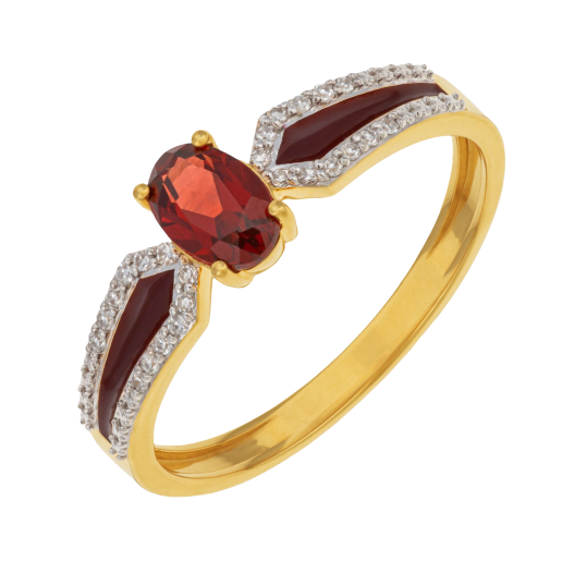 Bague en or jaune, grenat, oxydes de zirconium et laque 
