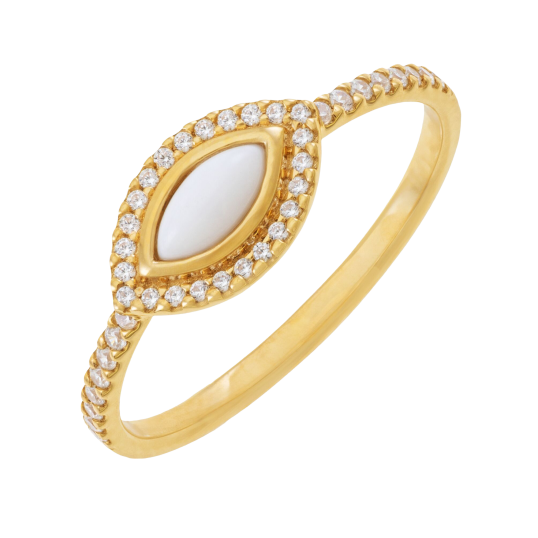 Bague en or jaune, agate blanche et oxydes de zirconium