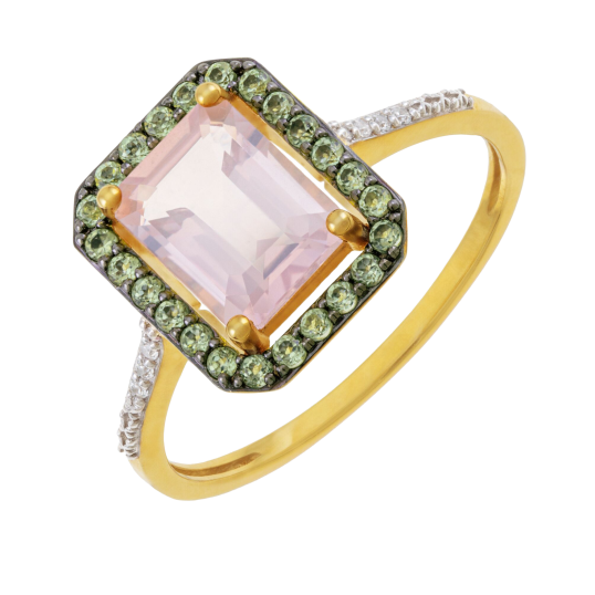 Bague en or jaune et rhodié, quartz rose, péridots et diamants