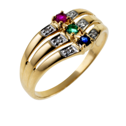 Bague en or jaune rhodié, saphir, rubis, émeraude et diamants